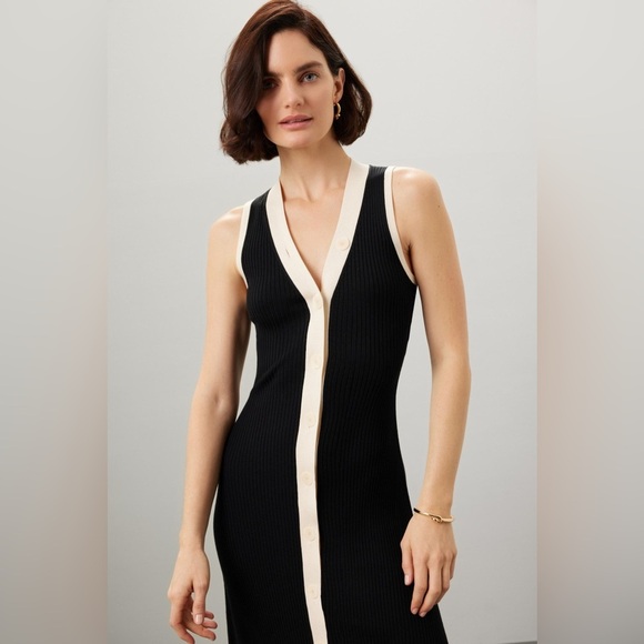 SANDRO Black White Ribbed Knit Beige Button Placket Gabriel Maxi Dress Size 34 - Picture 3 of 12